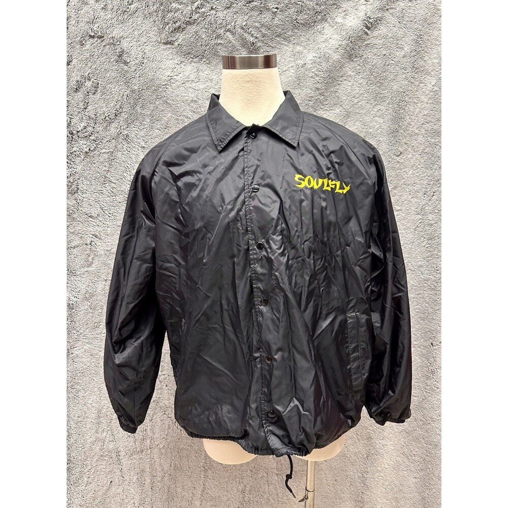Vintage y2k windbreaker Jacket SOULFLY FIRE Flames Black Snap‎ Nylon 2XL
